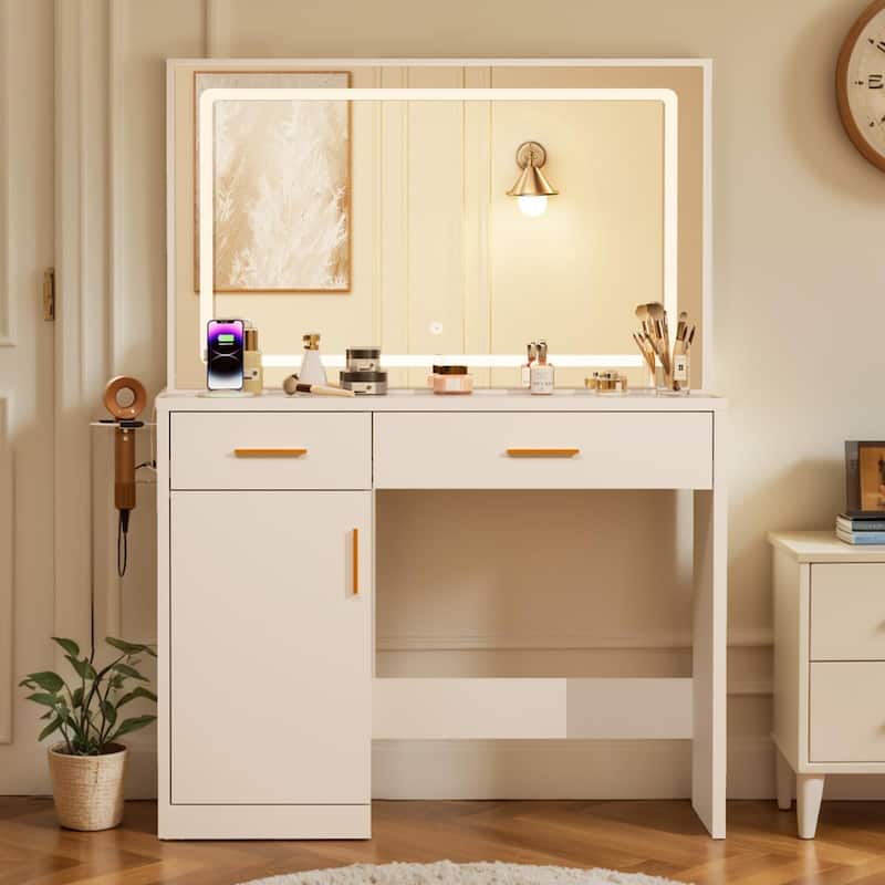 Rossetta 2-Drawer Makeup Vanity Table with Built-In Charging Stations, Big Storage - White - 2-drawer