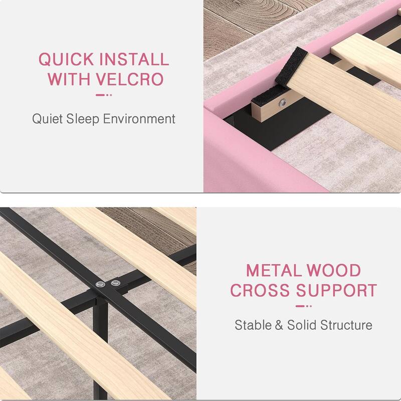 Bed Frame with Adjustable Height Headboard, Twin/Full/Queen Size Beds, Pink