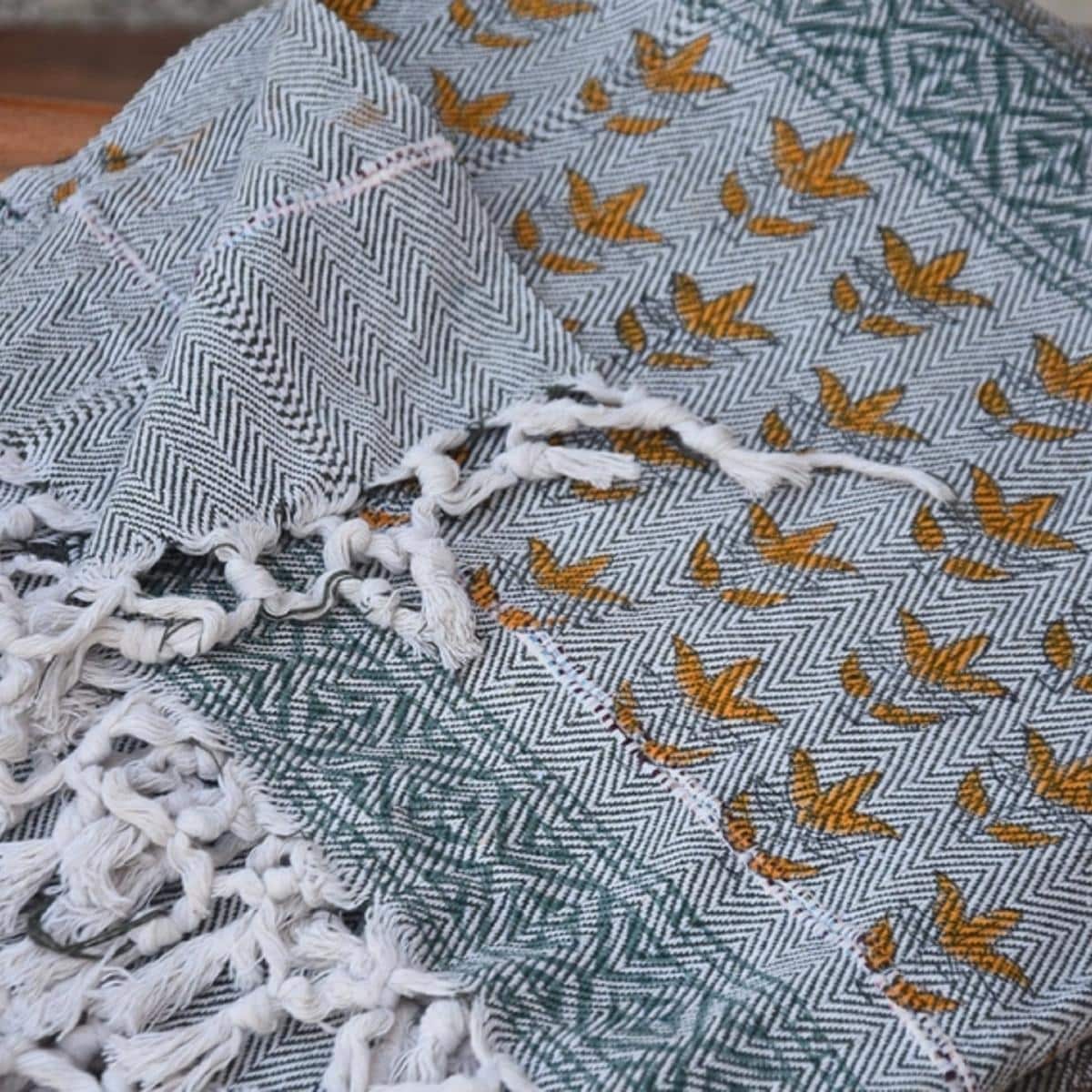 Fabdivine Damaru Saat Paati Handcrafted Cotton Blanket - Hand Block Printed Bohemian Home Accent Throw with Fringe, 90" x 54"