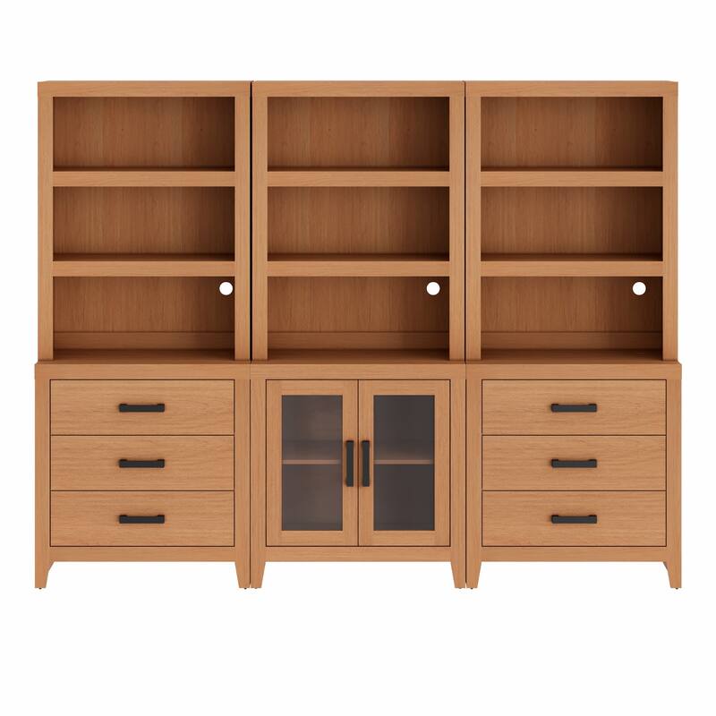 WAMPAT 74" Tall Bookshelf with Glass Doors and Drawers, 3-Tier Farmhouse Storage Cabinet