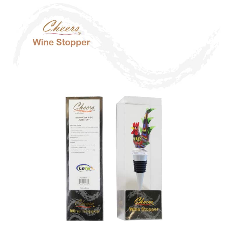 Cheers Rooster Glass Wine Stopper - Elegant Vacuum Seal Reusable - 5 inches