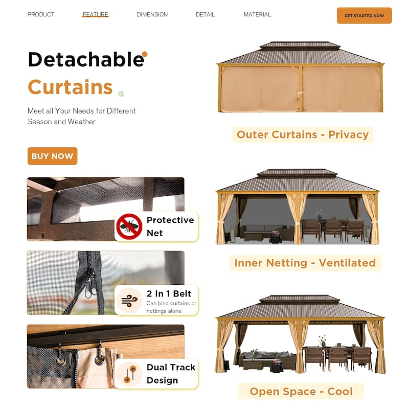 Outdoor Galvanized Steel Roof Gazebo Pergola w Wooden Coated Alumninum Frame, Privacy Curtains and Nettings Include