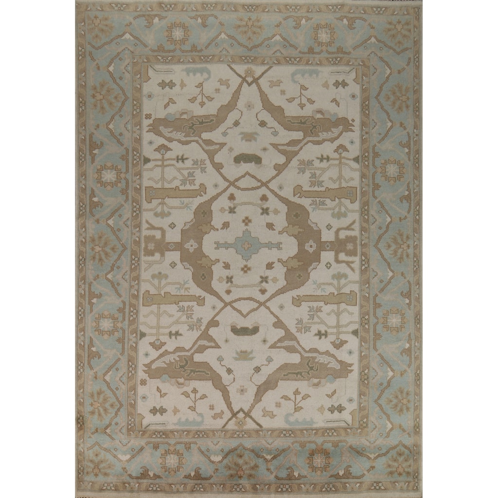 Transitional Oushak Indian Area Rug Hand-Knotted Wool Carpet - 7'10" x 9'10"