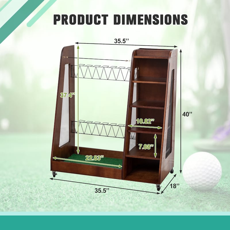Wooden Golf Bag Organizer and Storage Rack - Holds 2 Golf Bags, 12 Clubs, 4-5 Pairs of Golf Shoes, 50+ Golf Balls