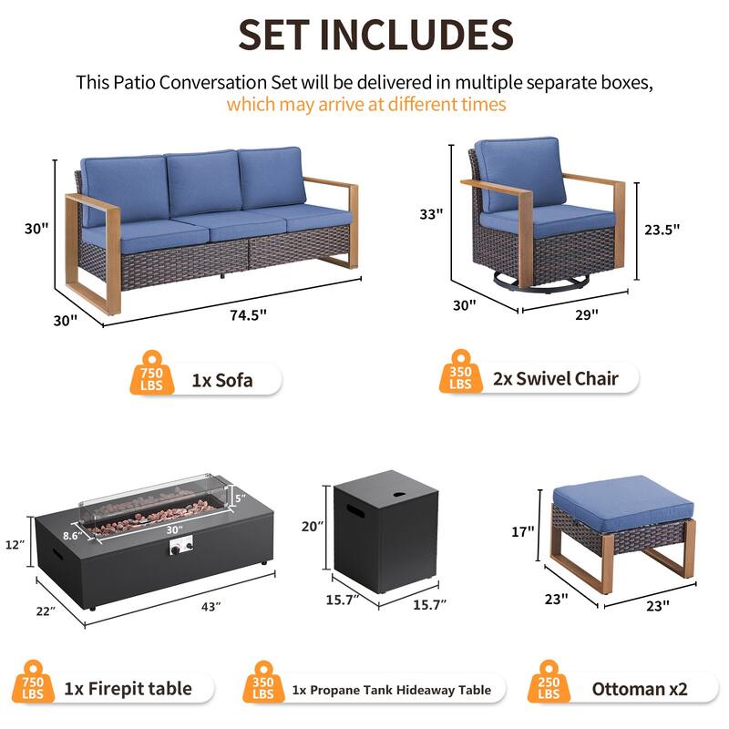 Pocassy Outdoor Sofa Swivel Chair Ottoman w/ 43" Fire Pit Set