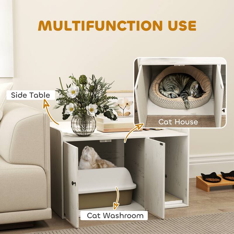 PawHut Cat Litter Box Enclosure, 32" Hidden Litter Box Furniture with Scratching Mat, Pet Entrance, Indoor Cat House