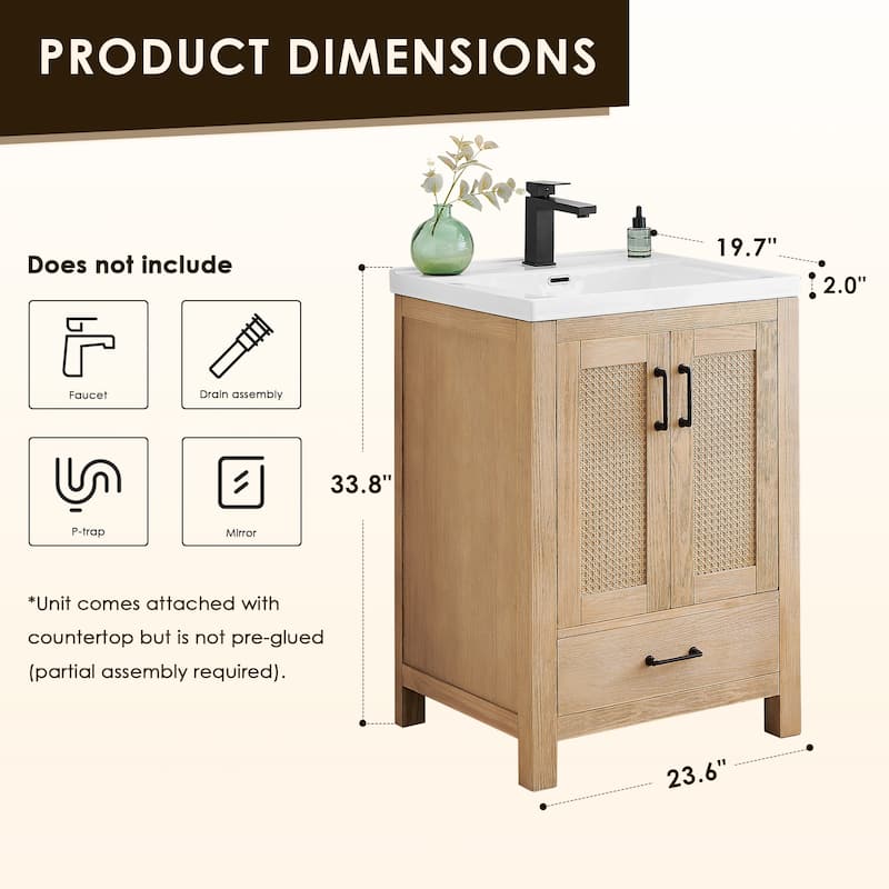 Bondi Bathroom Vanity in Light Brown with White Ceramic Drop-in Sink No Mirror