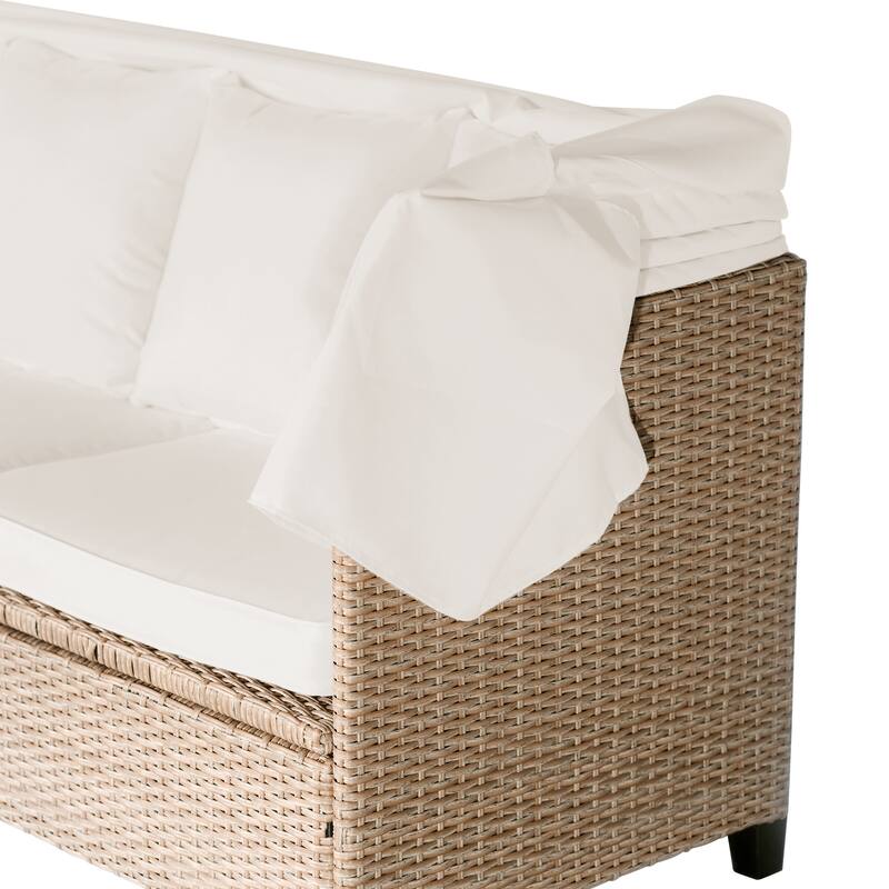 Roomfitters 4-Piece UV-Proof Wicker Patio Sofa Set with Retractable Canopy, Cushions and Lifting Table