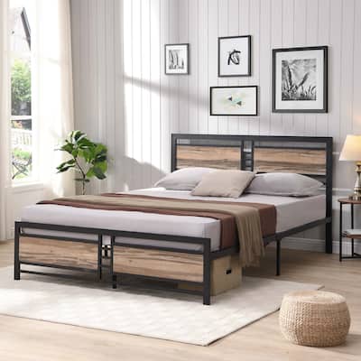 Metal and Wood Platform Bed Frame with Heavy Duty Support