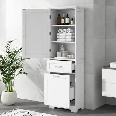 Freestanding Tall Bathroom Storage Cabinet, with 2 Different Size Drawers and Adjustable Shelf, Painted Finish