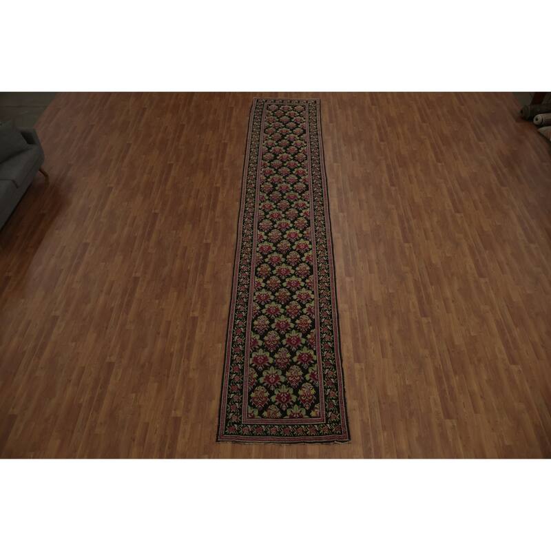 Hand Knotted Oriental 100% Wool Carpet Traditional Floral Black Karabagh Runner Rug - 17' 11'' X 3' 5''