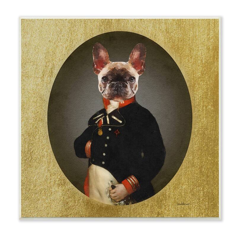 Stupell Military French Bulldog Funny Conquistador Dog Fashion Wood Wall Art - Yellow