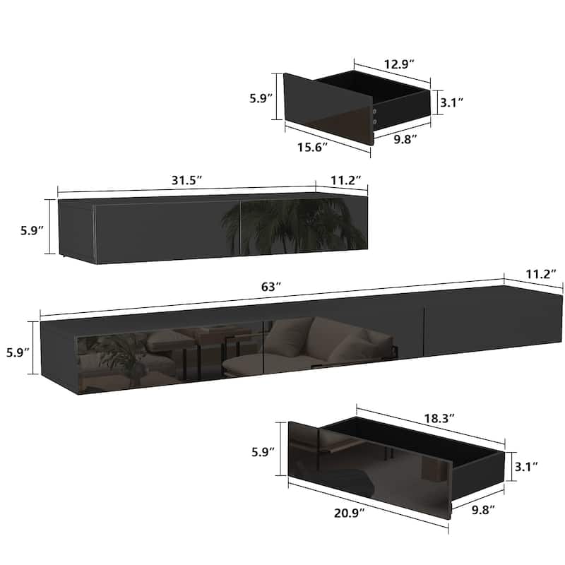 LED Light Wall Mounted Entertainment Center TV Media Console 2 PCS - 94.5INCH