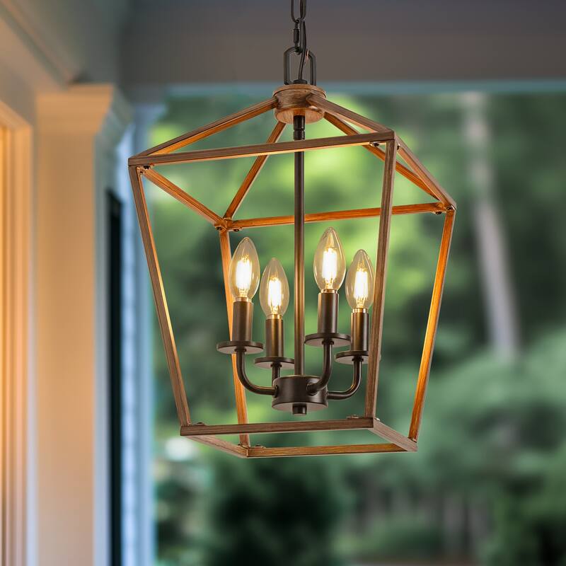 Farmhouse Lantern Chandelier 4-Light E12 Pendant Light, Black Wood
