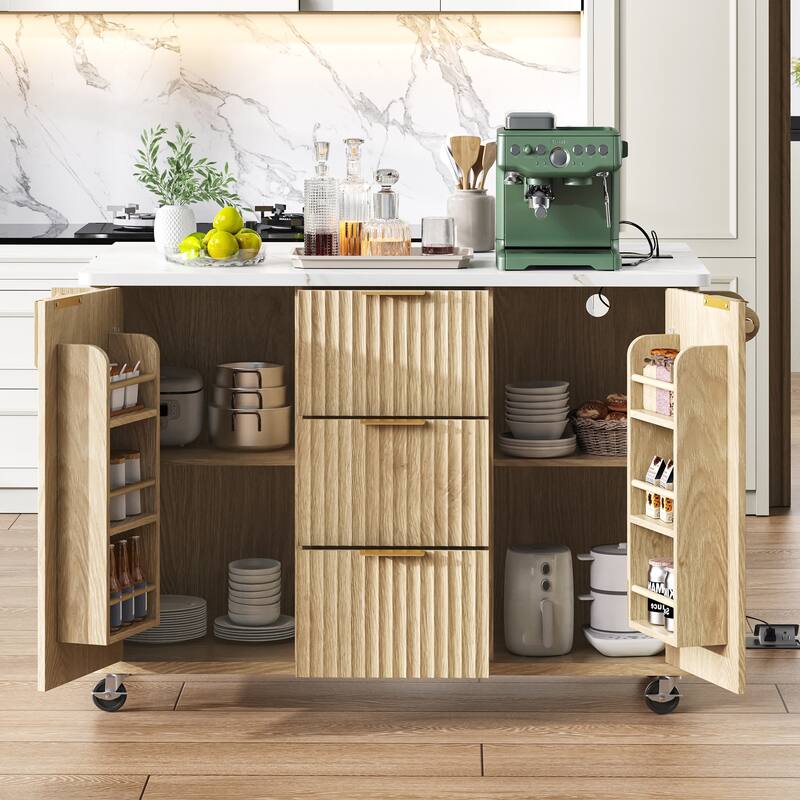 55.5" Storage Power Outlet Kitchen Island with Drop Leaf and 3 Drawers - Brown