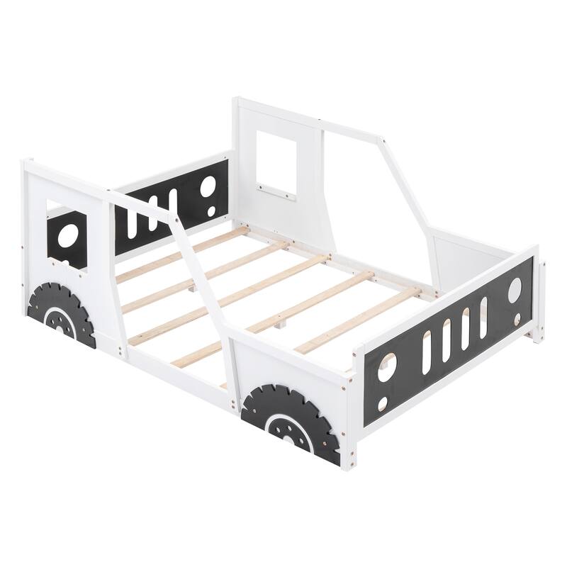 Full Size Classic Car-Shaped Wooden Platform Bed Frame with Wheels, Windows, Fun and Playful Design for Kids, for Bedroom