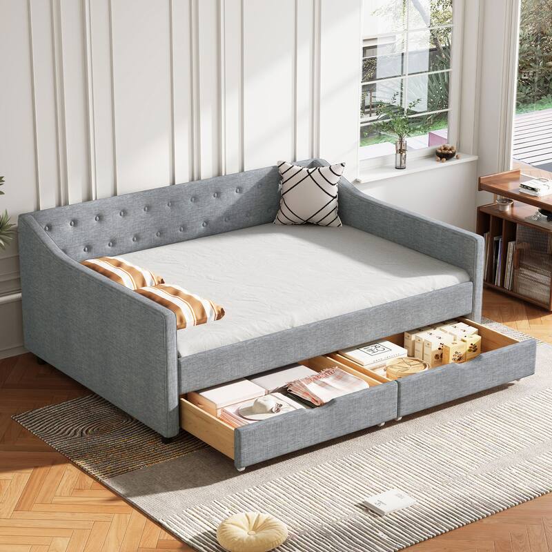 Full Size Daybed With Drawers Upholstered Tufted Sofa Bed, With Button On Back And Piping On Waved Shape Arms - LIGHT GREY