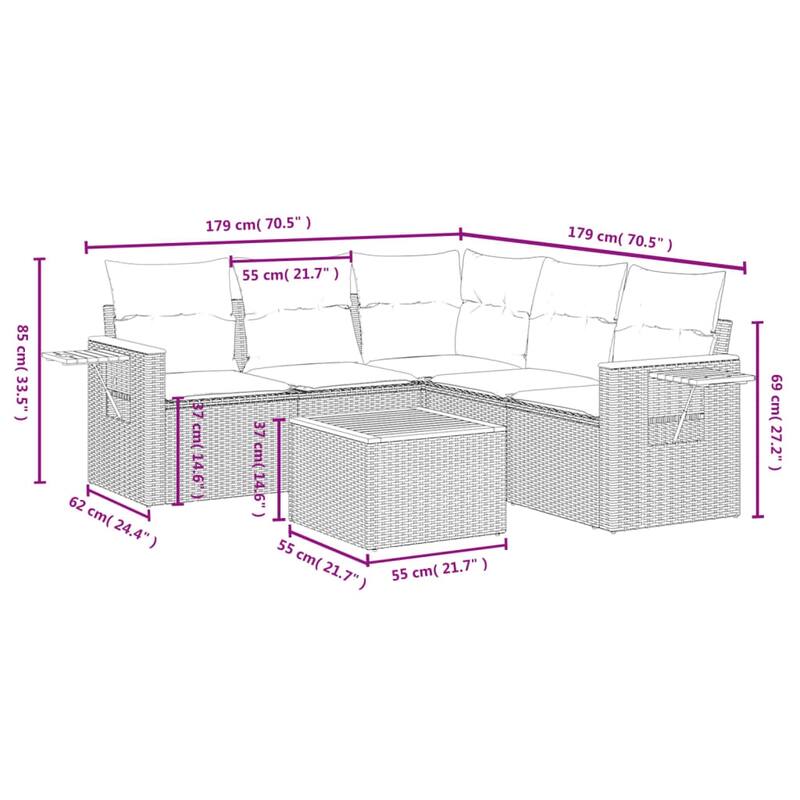 vidaXL Patio Sofa Set with Cushions Outdoor Conversation Furniture Poly Rattan - 24.4 x 33.5 x 27.2 in