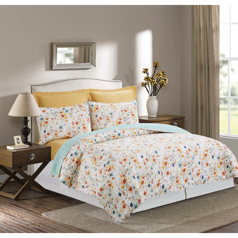 Sheila Spring Floral Cotton Quilt Set - Reversible and Machine Washable