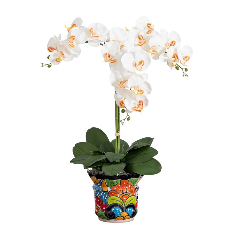 Triple Orchid Artificial Floral Arrangement with Mexican Talavera Planter - 27"