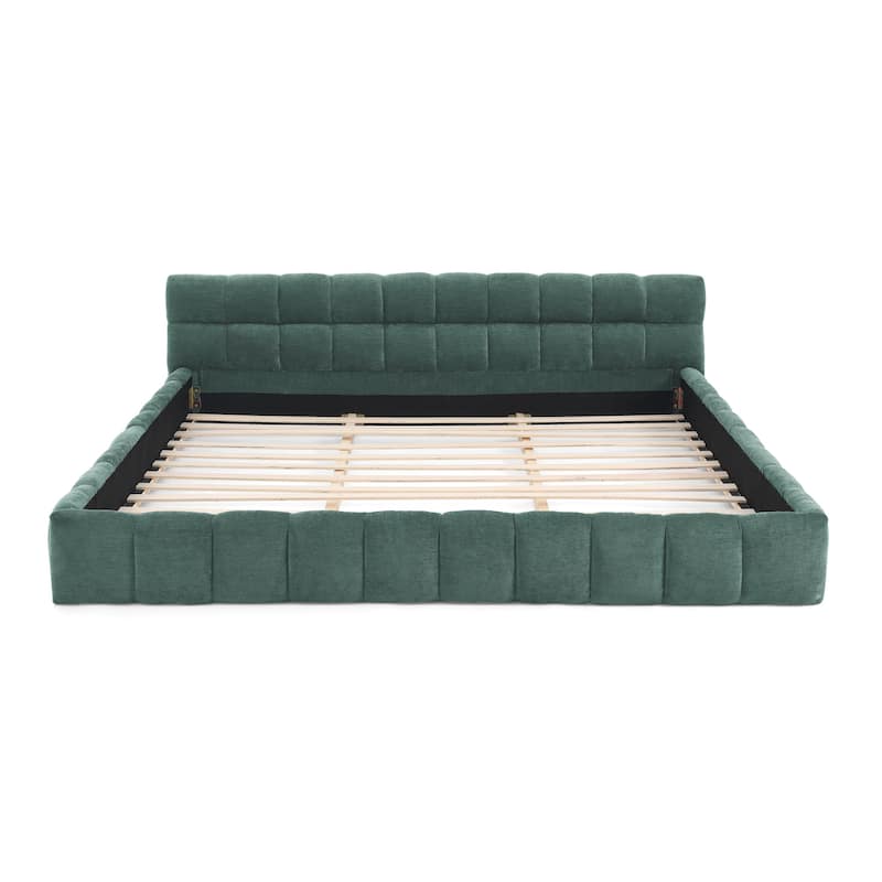 Block Thick Chenille Low Profile Platform Bed Fabric Upholstered Bedframe with Headboard Solid Wood Frame - Optional Storage Bed
