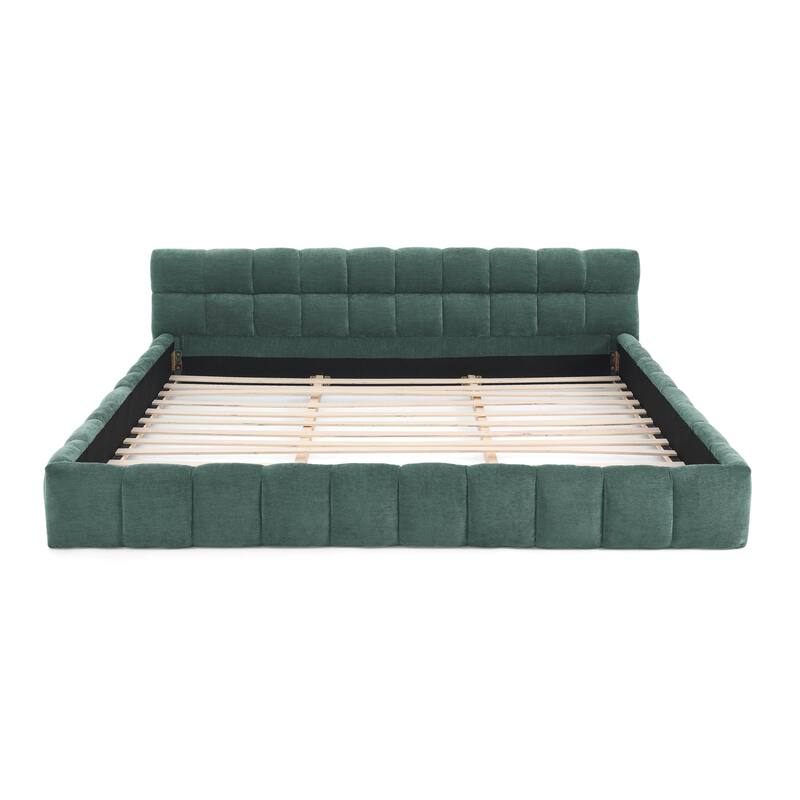 King size Upholstered Bed Frame with Thick Fabric, Chenille Fabric Grounded Queen Size Platform Bed with Headboard