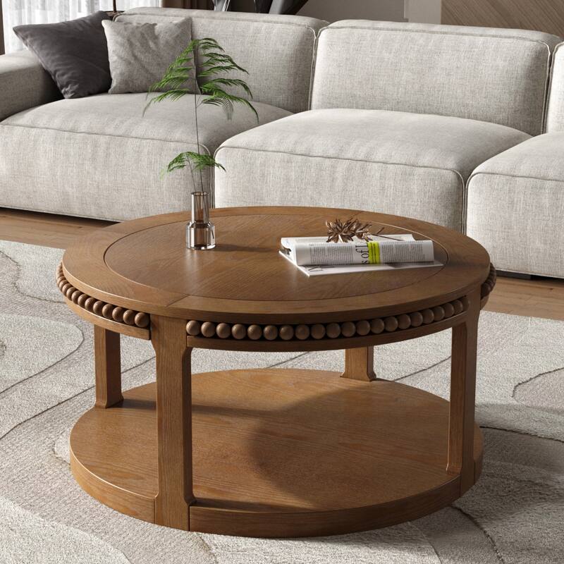 31.5 inch Round Solid Wood Coffee Table Two Tier Thickened Top Sturdy Legs Living Room Walnut - Walnut Brown