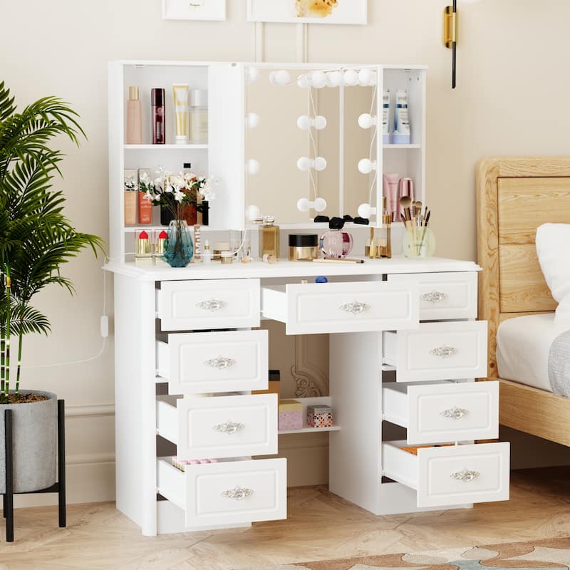 Makeup Vanity Desk with Lights and Mirror, White Vanity Table with 9 Drawers, Hollywood Lighted Vanity Desk Dressing Table