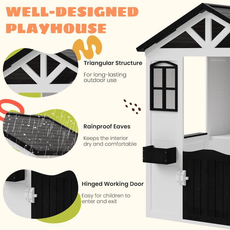 Wooden Adventure Cottage Playhouse for Kids with Working Door, Windows, Service Station, and Flower Pot Holders