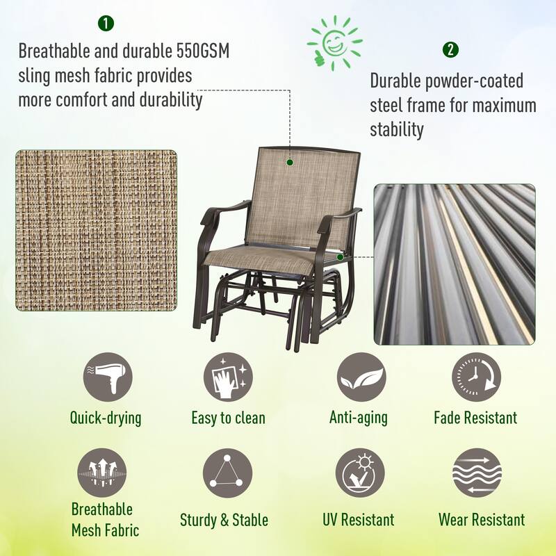 3-Piece Outdoor Rocking Glider Set with Glass Side Table, Cream White Patio Chairs with Breathable Mesh and Steel Frame