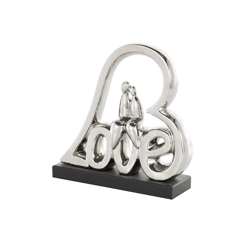 Silver Ceramic Family Love Heart Decorative Sculpture with Black Base