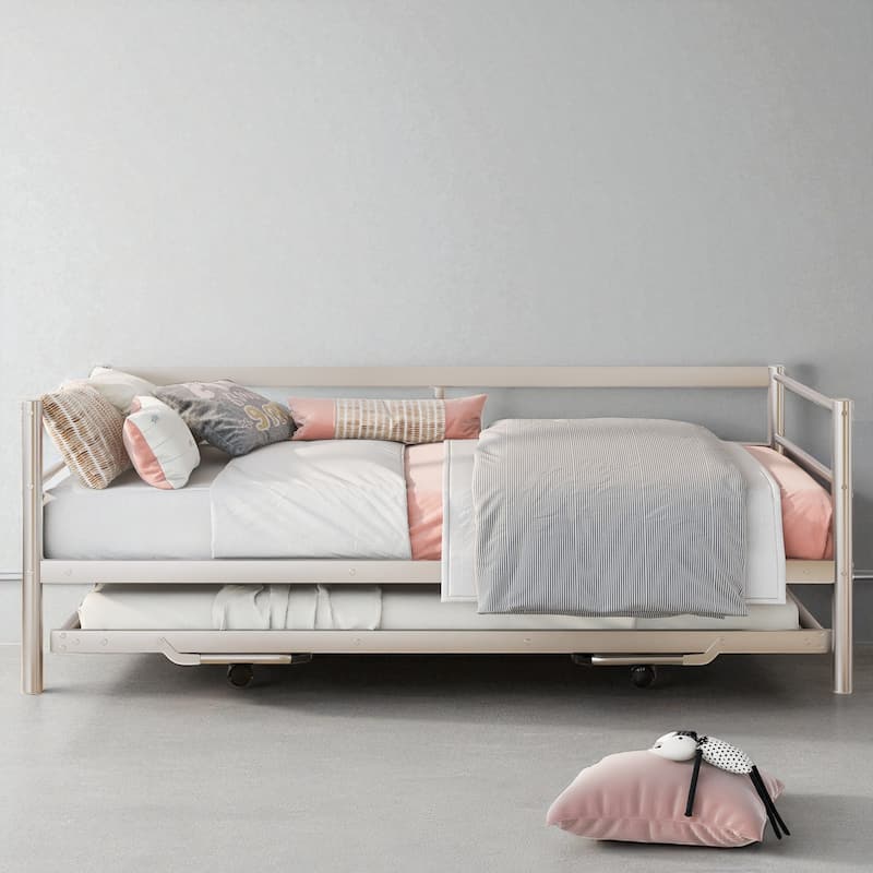 Twin Metal Daybed with Adjustable Pop-Up Trundle, No Box Spring Required - Silver - Twin