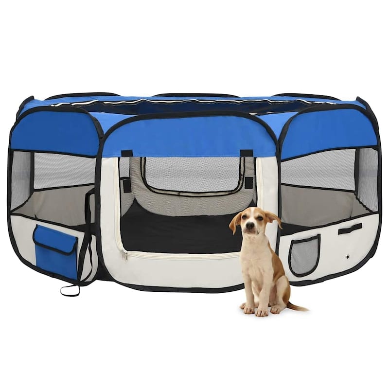 vidaXL Foldable Dog Playpen with Carrying Bag Dog Kennel Puppy Run Playpen - 57.1" x 57.1" x 24" - Blue and cream
