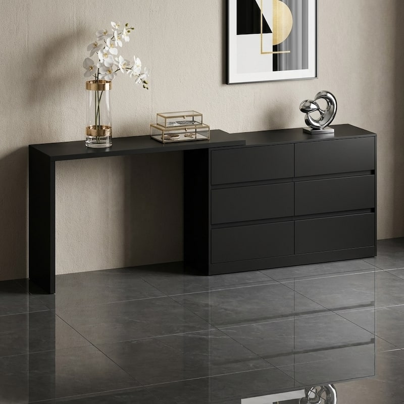 black dresser desk Wooakway Black Wood Dresser Table Desk Modern Makeup Vanity with Drawer for Small Spaces 44-in W x 15.7-in D x 38-in H in the Dressers department at Lowes.com