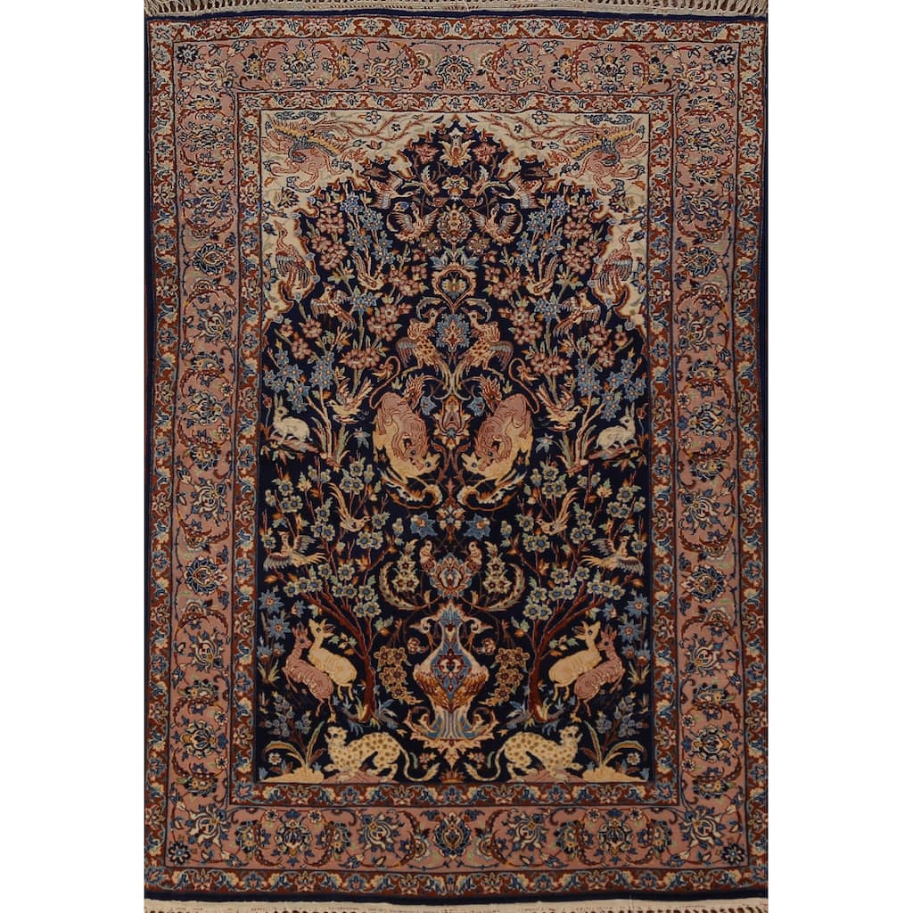 Vegetable Dye Blue Animals Isfahan Persian Vintage Wool Carpet - 3'4" x 5'3"