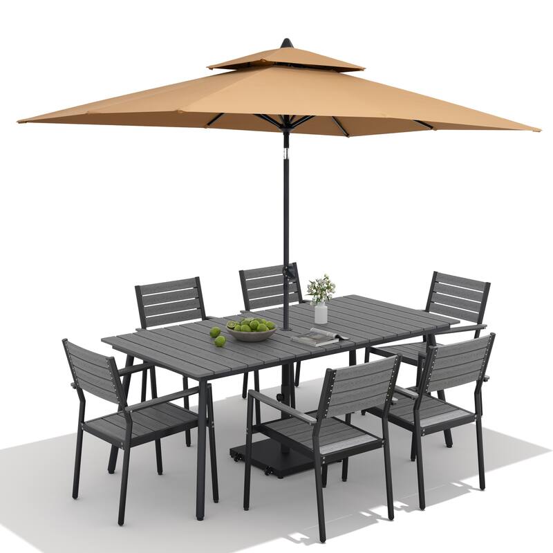 9-Piece Outdoor Dining Set Aluminum Table and 8 Stackable Chairs and 10 ft Umbrella with Base
