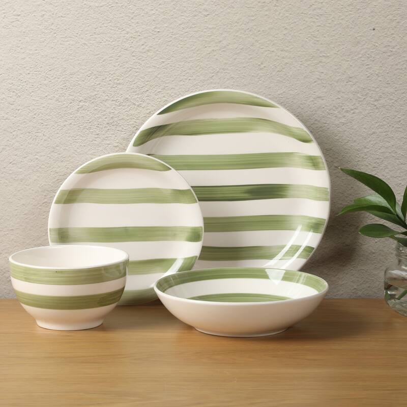 Gibson Home Kenwood Shores 16 Piece Stoneware Dinnerware Set, Hand-Painted Plates and Bowls, Service for 4
