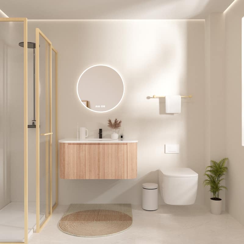 36 Inch Wall Mounted Bathroom Vanity With Sink Curved Design,Pre-Assembled,Floating Vanity Cabinet With Soft Close Drawer - Natural Wood