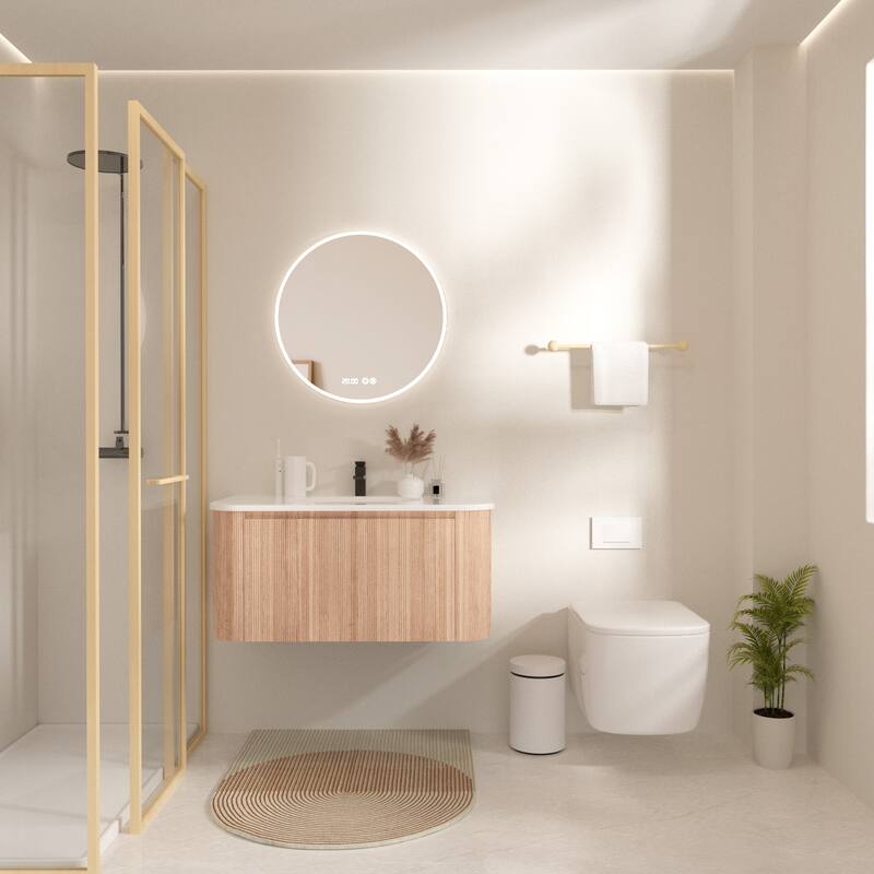 36 Inch Wall Mounted Bathroom Vanity with Sink Curved Design, Modern Floating Vanity Cabinet with Soft Close Drawer - Natural Wood