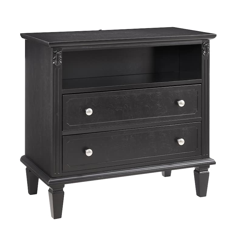 Farmhouse Nightstand with 2 Drawers and Charging Station, Solid Wood Legs, USB Ports & Open Shelf, Fluted Design End Table