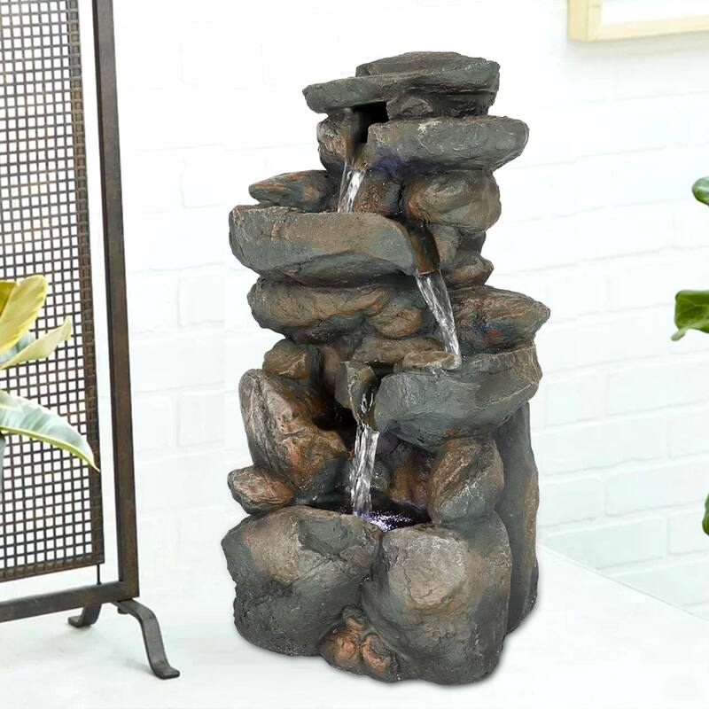 5-Tier Rock Falls Cascading Tabletop Water Fountain with LED Lights