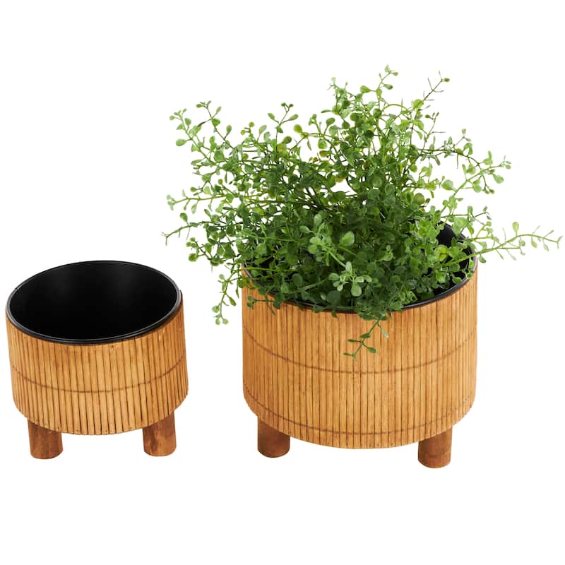 Brown Bamboo Handmade Planter with Black Metal Interior (Set of 2)