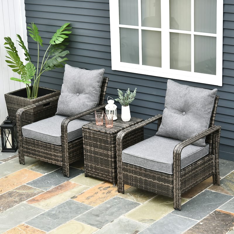 Outsunny 3 Piece PE Rattan Wicker Bistro Set with Cushions, Conversation Furniture Set for Backyard, Garden, Patio - Grey and Brown