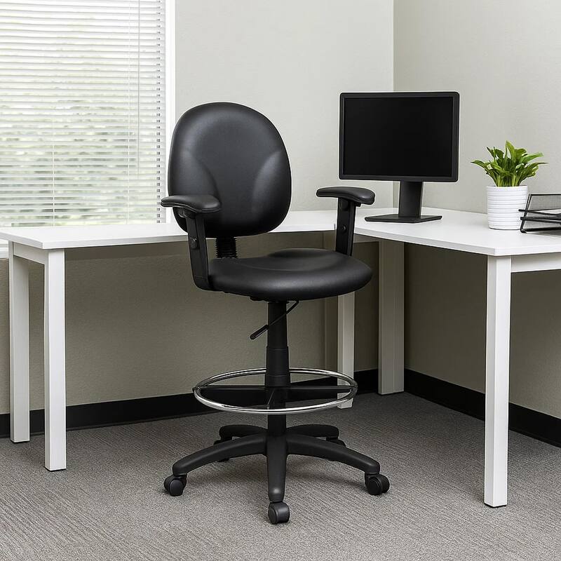 Zem Drafting Stool with Adjustable Arms & Chrome Footring, Black Vinyl