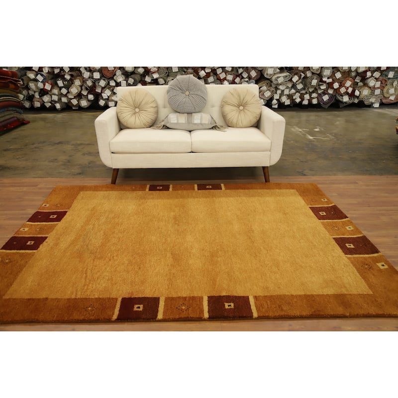 Hand Knotted Oriental 100% Wool Carpet Modern Geometric Yellow & Gold Gabbeh Area Rug - 7' 9'' X 5' 9''