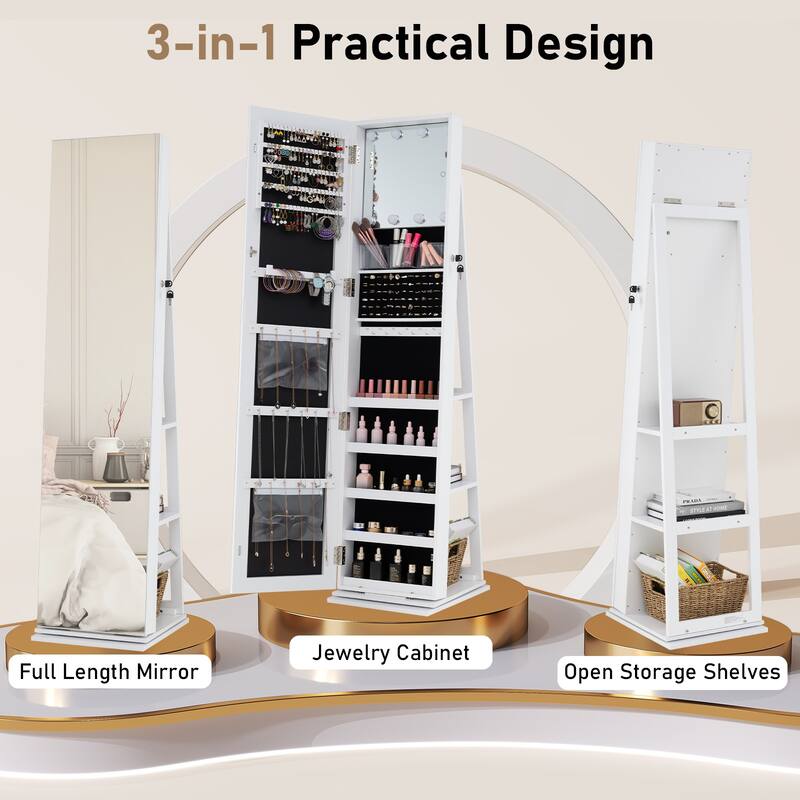 360 Rotating Full Length Mirror Jewelry Cabinet with LED Lights and Ample Storage Shelves - 17" x 15" x 63"