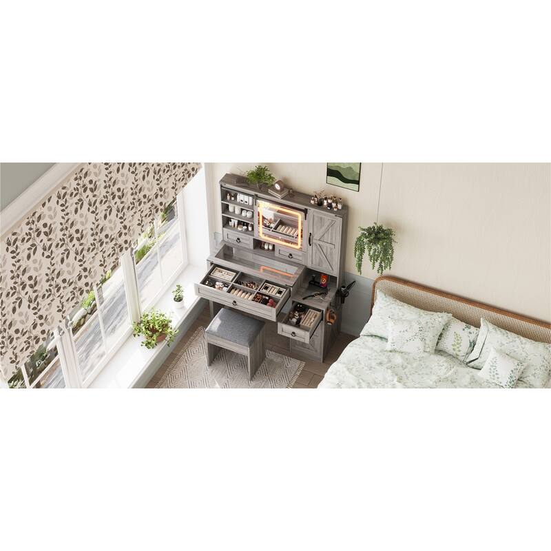 Rossetta Rustic Farmhouse Style Barn-Door look Design Vanity Desk Set with Sliding LED Lights Mirror and Matching Stool