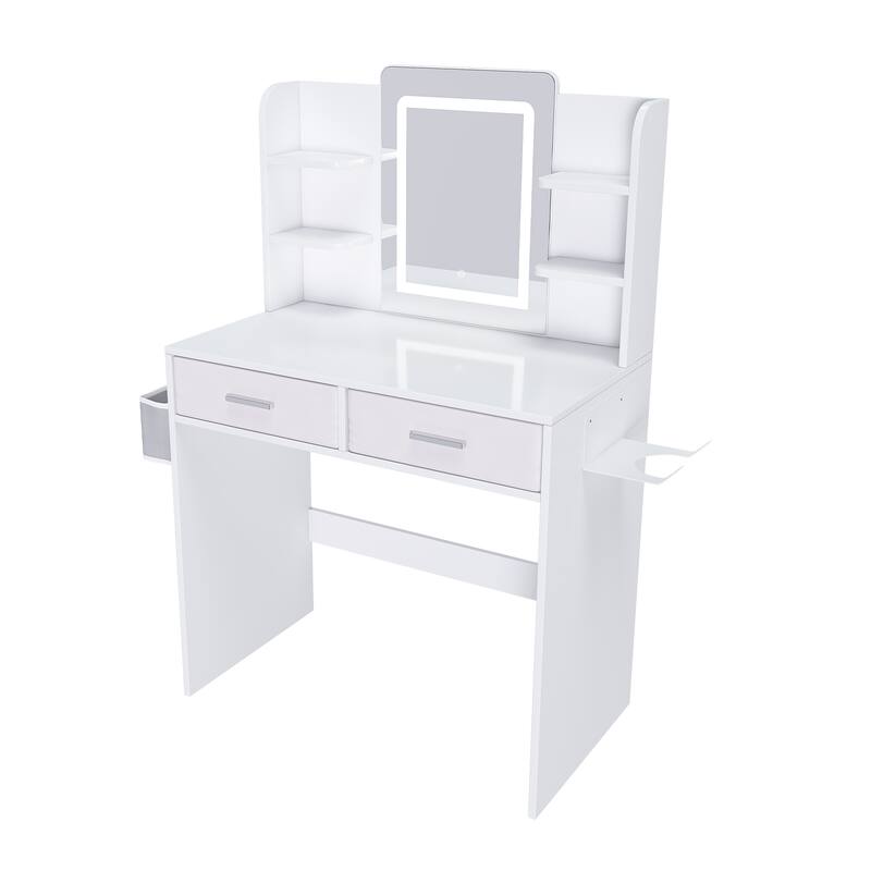 LED Mirror Dressing Table with Lights- 3-Color Light Strips,2 Large Drawers,Hair Dryer Stand & Non-Woven Bag,Makeup Desk