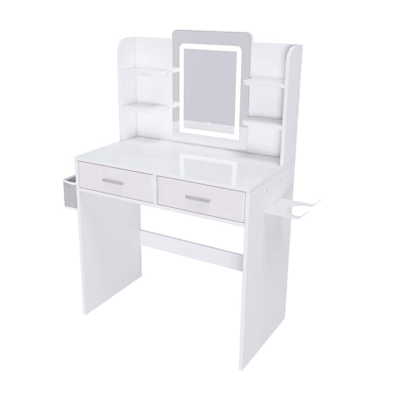Vanity Desk with LED Light Mirror, 3-Color Adjustable Light Strips, Dressing Table with Hair Dryer Stand & 2 Large Drawers