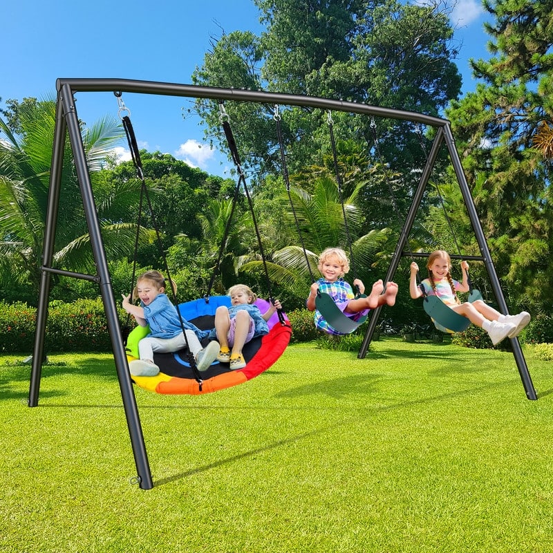 Hapfan 500lb Heavy Duty Metal Swing Sets for Backyard with Saucer Swing, 2 Belt Swings